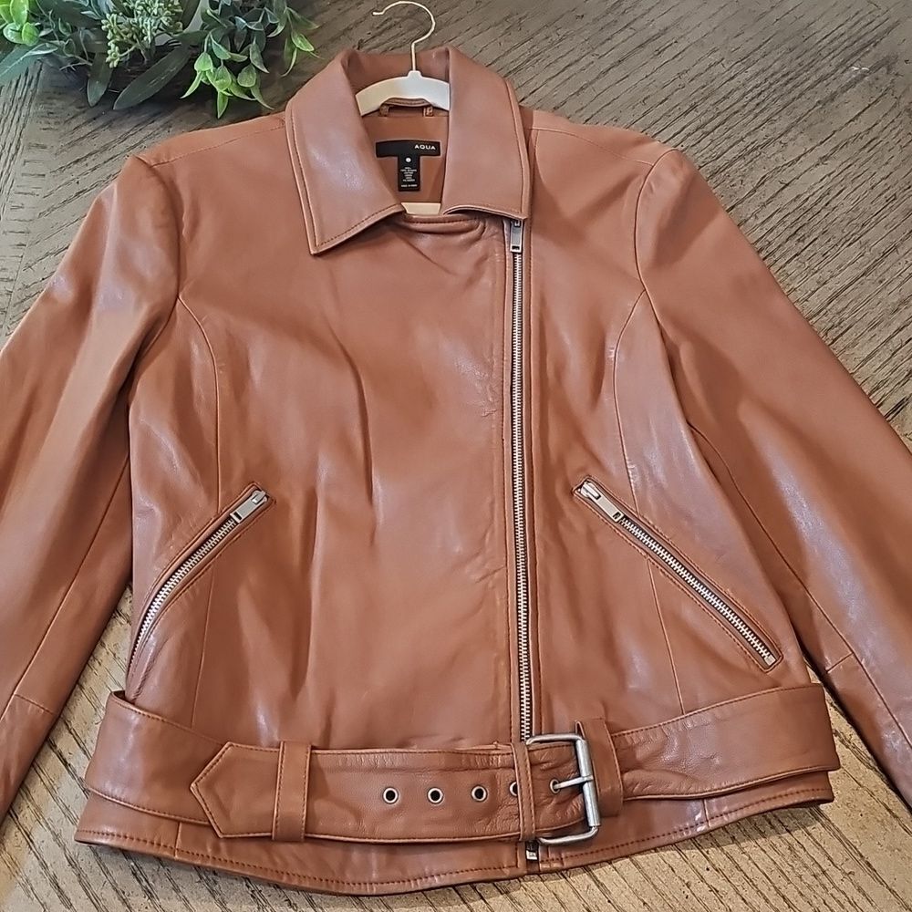 Brown leather moto jacket size L Aqua excellent condition